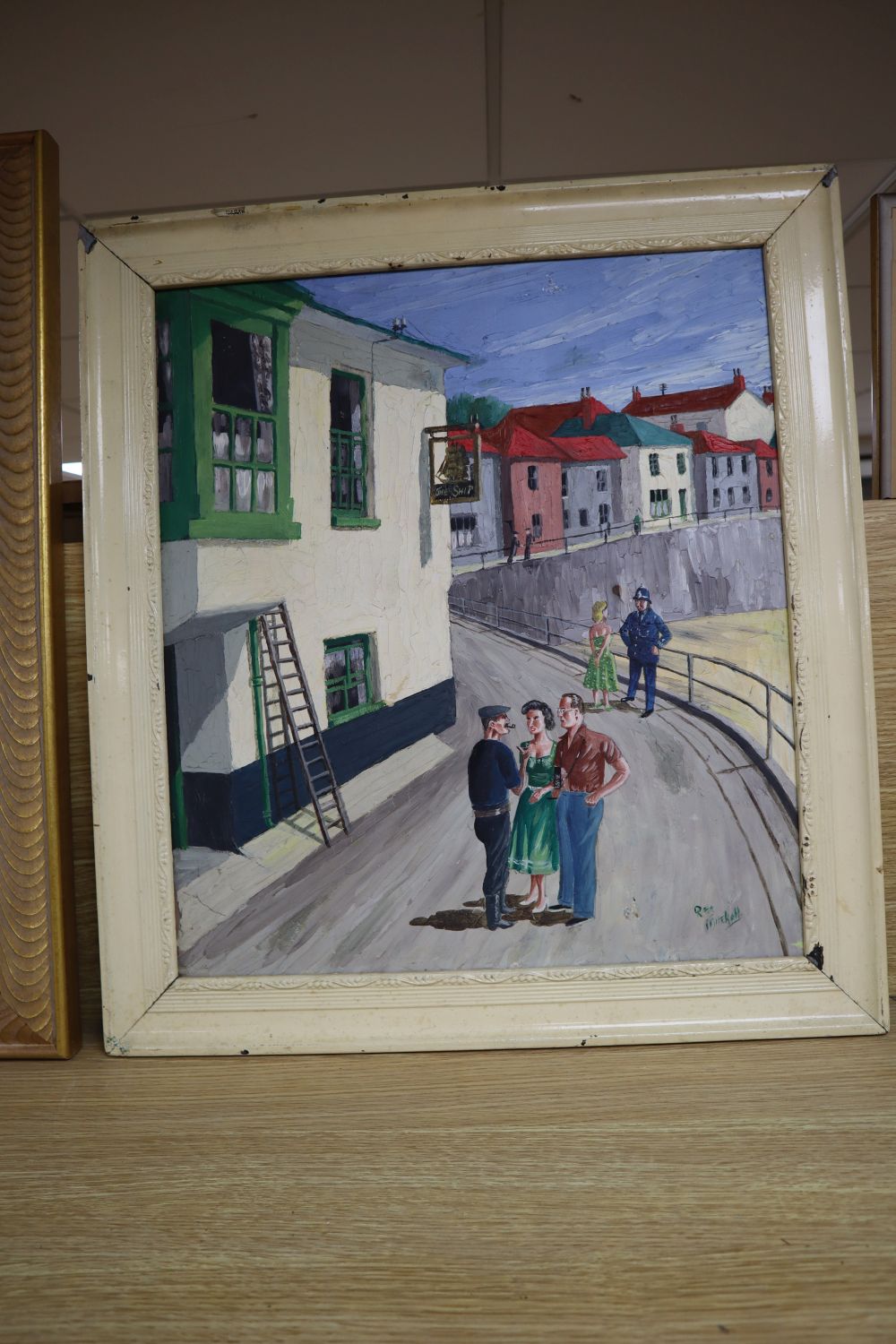 Reg Mitchell, oil on board, Figures in the street beside The Ship Inn, signed, 46 x 40cm
